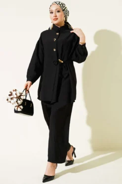 Gold Button Side Tie Two-Piece Set Black