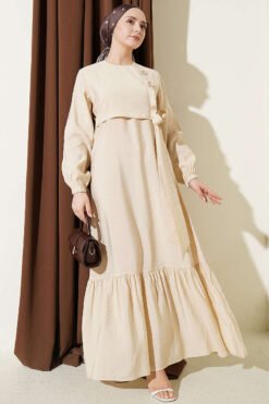Buttoned Tie Modal Dress Beige