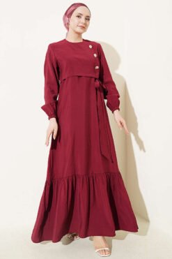 Buttoned Tie Modal Dress Burgundy