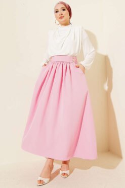 Buttoned Pocket Dabıl Skirt Pink wholesale skirt view 2 - Hicabistan Turkey factory