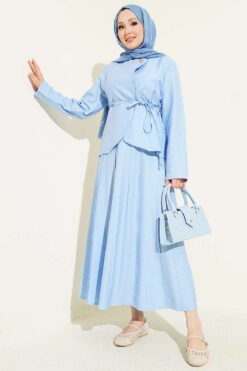 Belted Pleated Skirt Two-Piece Set Baby Blue groothandel clothing set - Hicabistan Turkije fabriek
