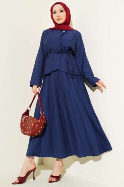 Belted Pleated Skirt Two-Piece Set Navy Blue groothandel clothing set - Hicabistan Turkije fabriek