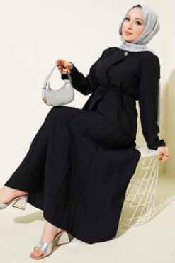 Belted Pleated Skirt Two-Piece Set Black groothandel clothing set - Hicabistan Turkije fabriek