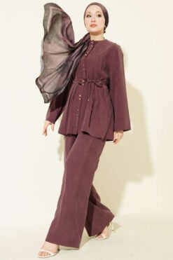 Gold Buttoned Ribbed Tencel Two-Piece Set Plum