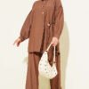 Gold Button Side Tie Two-Piece Set Tan