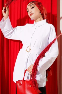Shirt with Hidden Buttons and Gold Buckle White