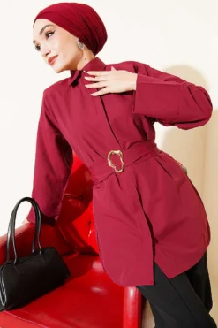 Shirt with Hidden Buttons and Gold Buckle Burgundy