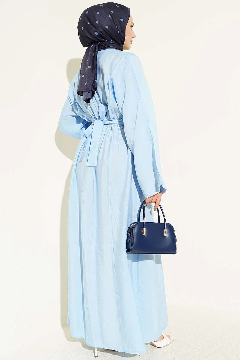 Dress with Gold Buckle and Detail Baby Blue all'ingrosso dress view 3 - Hicabistan fabbrica Turchia