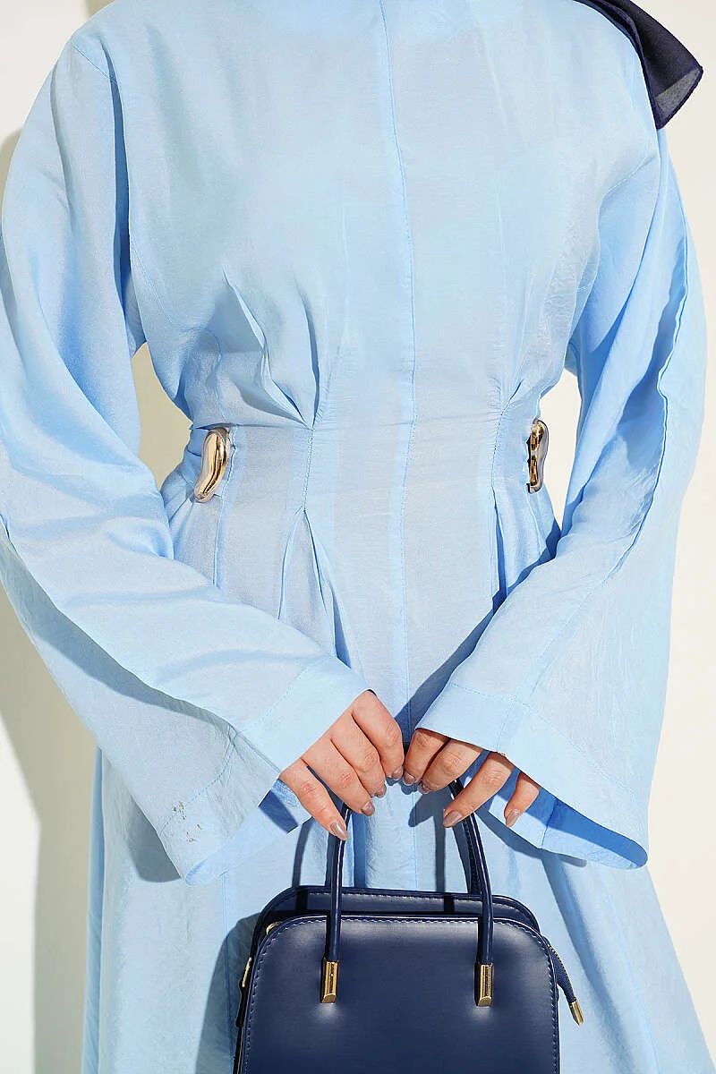 Dress with Gold Buckle and Detail Baby Blue all'ingrosso dress view 4 - Hicabistan fabbrica Turchia