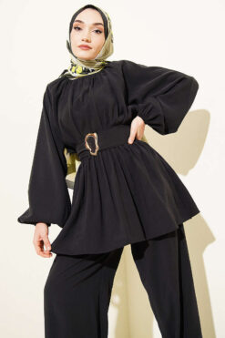 Belted Modal Two-Piece Set Black al por mayor clothing set view 2 - Hicabistan fábrica Turquía