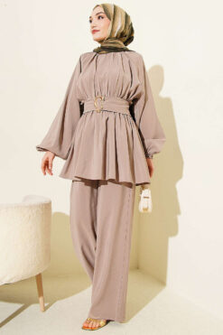 Belted Modal Two-Piece Set Mink al por mayor clothing set view 2 - Hicabistan fábrica Turquía