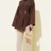 Shirt with Pleated Detail and Gold Buckle Brown wholesale shirt view 2 - Hicabistan Turkey factory