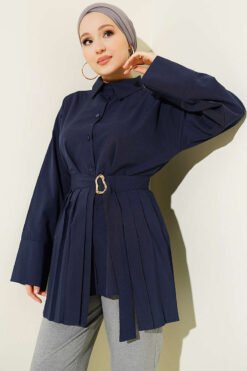 Shirt with Pleated Detail and Gold Buckle Navy Blue
