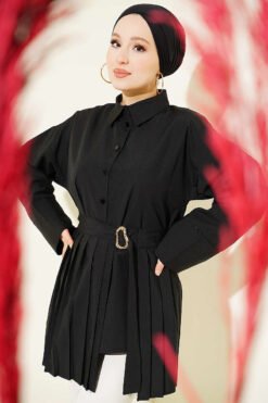 Shirt with Pleated Detail and Gold Buckle Black
