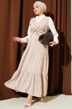 Shirt Detail Belted Tunic Dress Beige