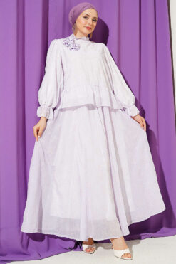 Ruffled Skirt Two-Piece Set with Rose Accessory Lilac wholesale clothing set view 2 - Hicabistan Turkey factory