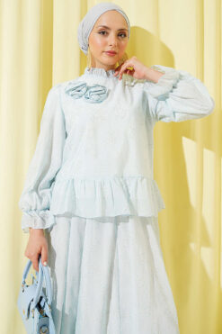 Ruffled Skirt Two-Piece Set with Rose Accessory Blue wholesale clothing set view 2 - Hicabistan Turkey factory