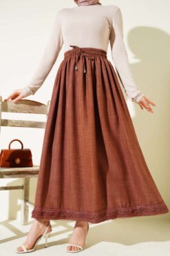 Lace Detailed Waist Elastic Skirt Brown