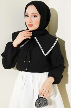 Lace Sailor Collar Short Shirt Black