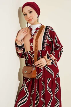 Alternative view of Buttoned Layered Dress with Mandarin Collar Burgundy