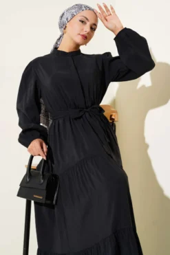 Mandarin Collar Hidden Button Tiered Dress Black wholesale dress view 2 - Hicabistan Turkey factory