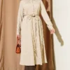 Long Shirt with Straw Cord Beige wholesale shirt view 2 - Hicabistan Turkey factory