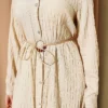 Long Shirt with Straw Cord Beige wholesale shirt view 4 - Hicabistan Turkey factory