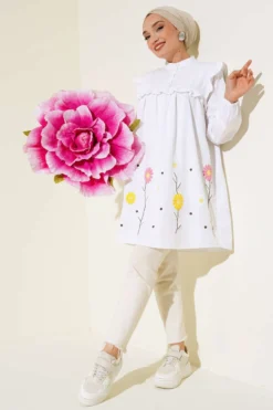 Floral Print Ruffled Tunic White