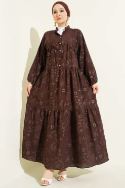 Floral Half Button Dress Brown