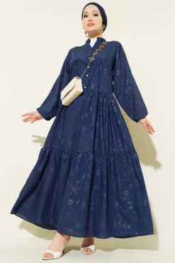 Floral Half Button Dress Navy Blue