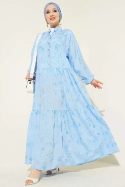 Floral Half Button Dress Blue