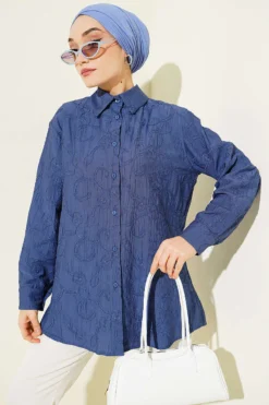 Flower Embossed Basic Shirt Indigo