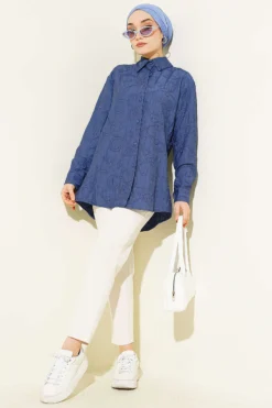 Alternative view of Flower Embossed Basic Shirt Indigo