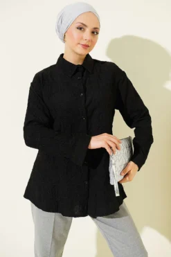 Flower Embossed Basic Shirt Black