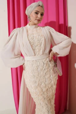 Floral Motif Tulle Cape Evening Dress Cream wholesale dress view 2 - Hicabistan Turkey factory