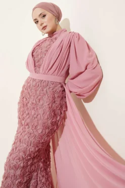 Floral Motif Tulle Cape Evening Dress Powder Pink Großhandel dress view 2 - Hicabistan Türkei Fabrik