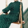 Floral Motif Tulle Cape Evening Dress Emerald Großhandel dress view 2 - Hicabistan Türkei Fabrik
