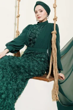 Floral Motif Tulle Cape Evening Dress Emerald Großhandel dress view 2 - Hicabistan Türkei Fabrik
