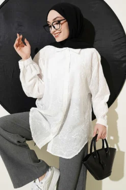 Flower Embroidered Detailed Shirt White