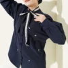 Flower Embroidered Tie-Neck Shirt Navy Blue groothandel shirt - Hicabistan Turkije fabriek