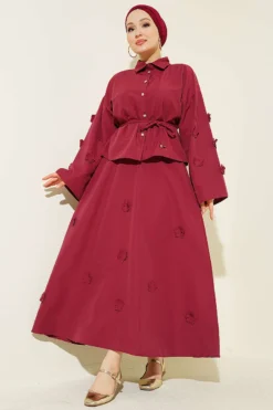 Floral Embellished Tie-String Skirt Set Burgundy