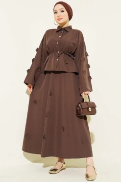 Floral Embellished Tie-String Skirt Set Brown