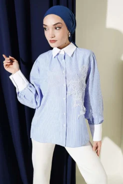 Striped Lace Detail Shirt Blue