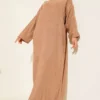 Loose Fit Striped Knit Dress Camel wholesale dress view 2 - Hicabistan Turkey factory