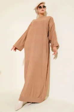 Loose Fit Striped Knit Dress Camel wholesale dress view 2 - Hicabistan Turkey factory