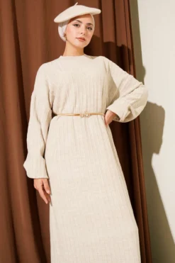Loose Fit Striped Knit Dress Stone wholesale dress view 2 - Hicabistan Turkey factory