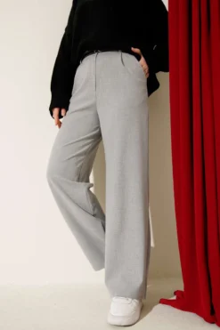 Thin Belted Pleated Fabric Trousers Grey