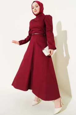 Thin Belted Poplin Dress Burgundy en gros dress - Hicabistan usine Turquie