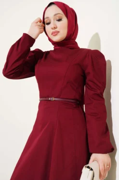 Thin Belted Poplin Dress Burgundy en gros dress view 2 - Hicabistan usine Turquie