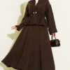 Pearl Button Waist Drawstring Skirt Set Brown